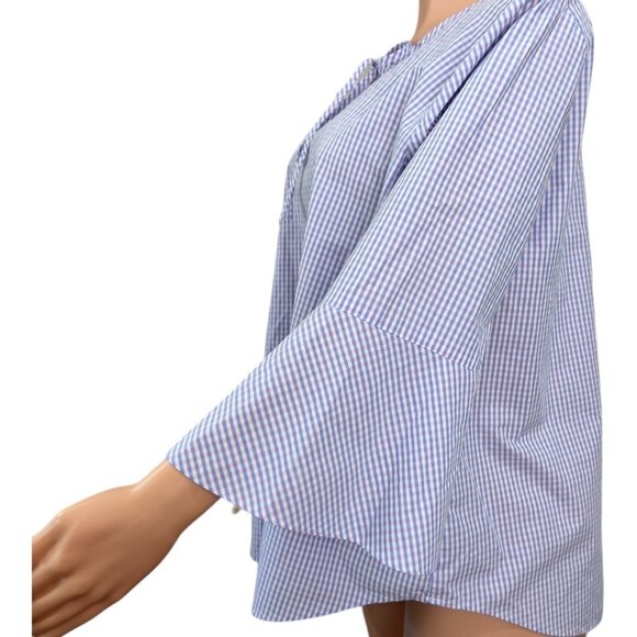 VAN HEUSEN Women SZ XXL Blue/Pink Gingham Print Basic Top Blouse Bell Sleeve - Picture 9 of 10